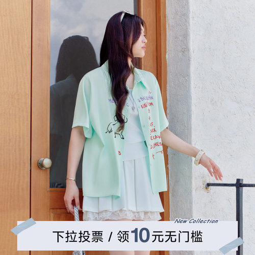 YUZI鱼子美式印花短袖衬衫显瘦