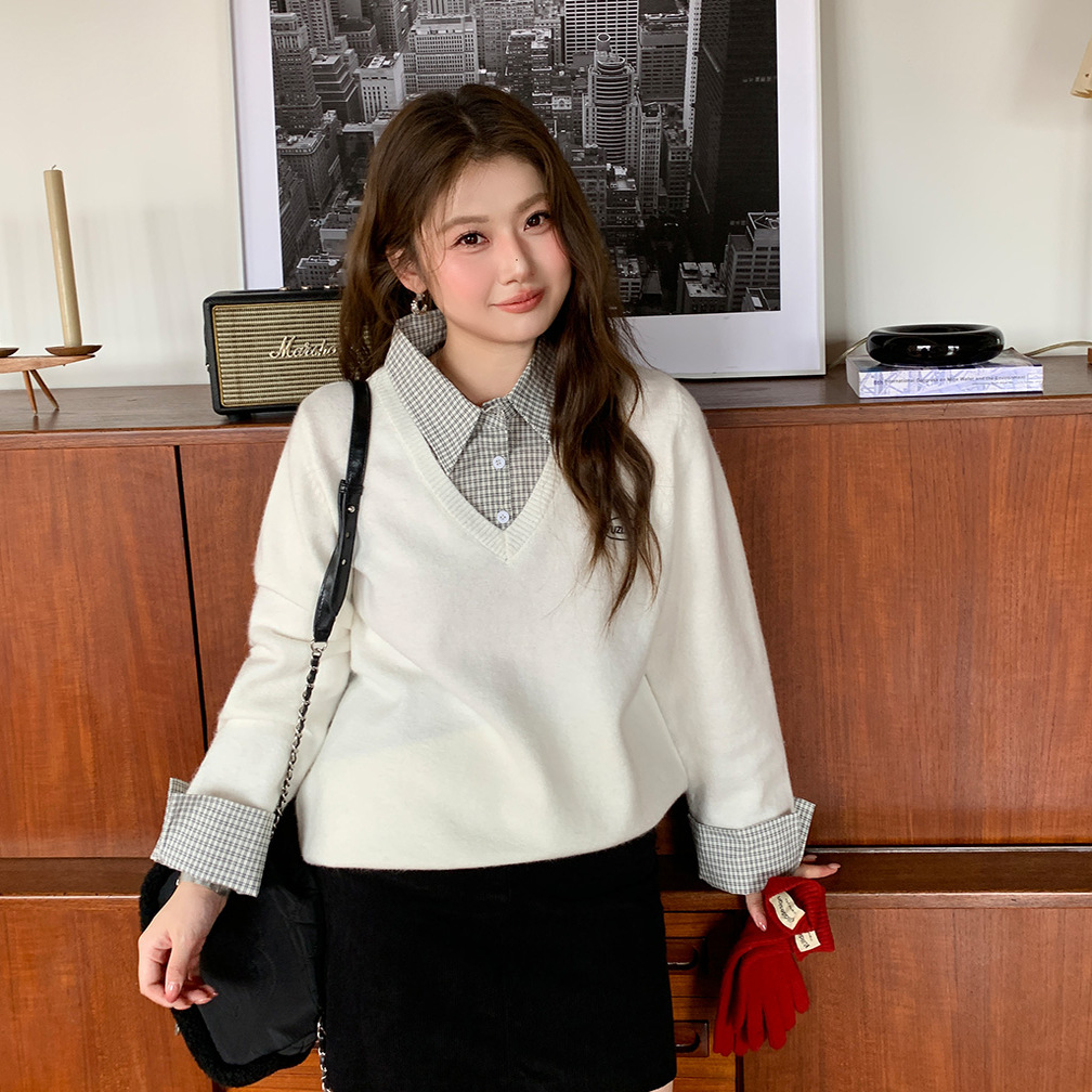 YUZI鱼子假两件针织衫特大码减龄