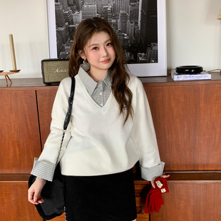 正肩减龄宽松毛衣秋冬胖mm 女装 YUZI鱼子假两件针织衫 上衣特大码