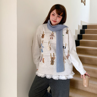 YUZI鱼子玩偶印花圆领加绒卫衣宽松米白色甜酷百搭上衣大码 女装