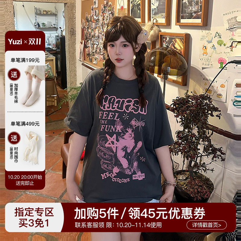 YUZI鱼子减龄撞色猫咪T恤纯棉