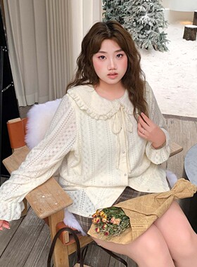 YUZI鱼子蕾丝针织开衫甜美娃娃领长袖宽松蝴蝶结内搭上衣大码女装