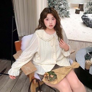 女装 宽松蝴蝶结内搭上衣大码 甜美娃娃领长袖 YUZI鱼子蕾丝针织开衫