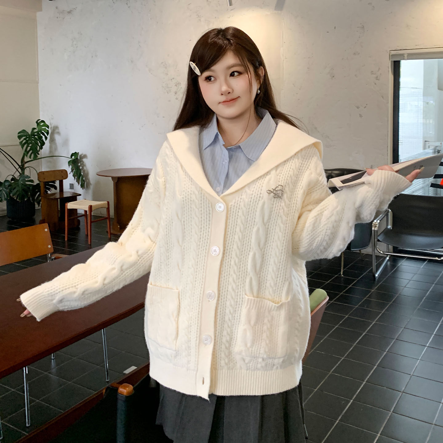 YUIZ鱼子麻花针织开衫学院风海军领慵懒风宽松初春长袖外套大码女