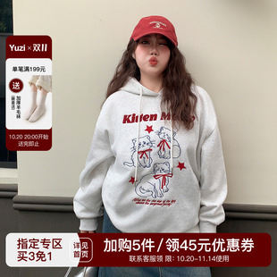 减龄胖mm 猫咪印花宽松落肩袖 YUZI鱼子连帽花灰色卫衣特大码 女装