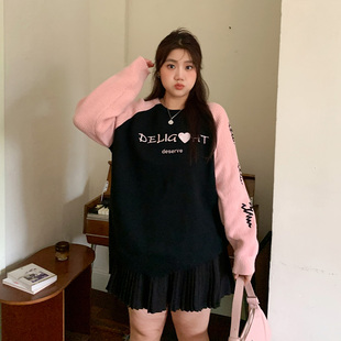 冬微胖mm显瘦遮肉200斤 YUZI鱼子明星同款 撞色插肩袖 毛衣大码 女装