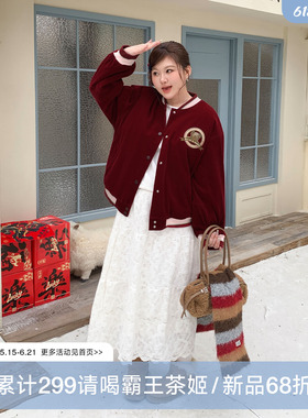 YUZI鱼子红色丝绒刺绣棒球棉服新年甜酷学院风潮流宽松大码女装