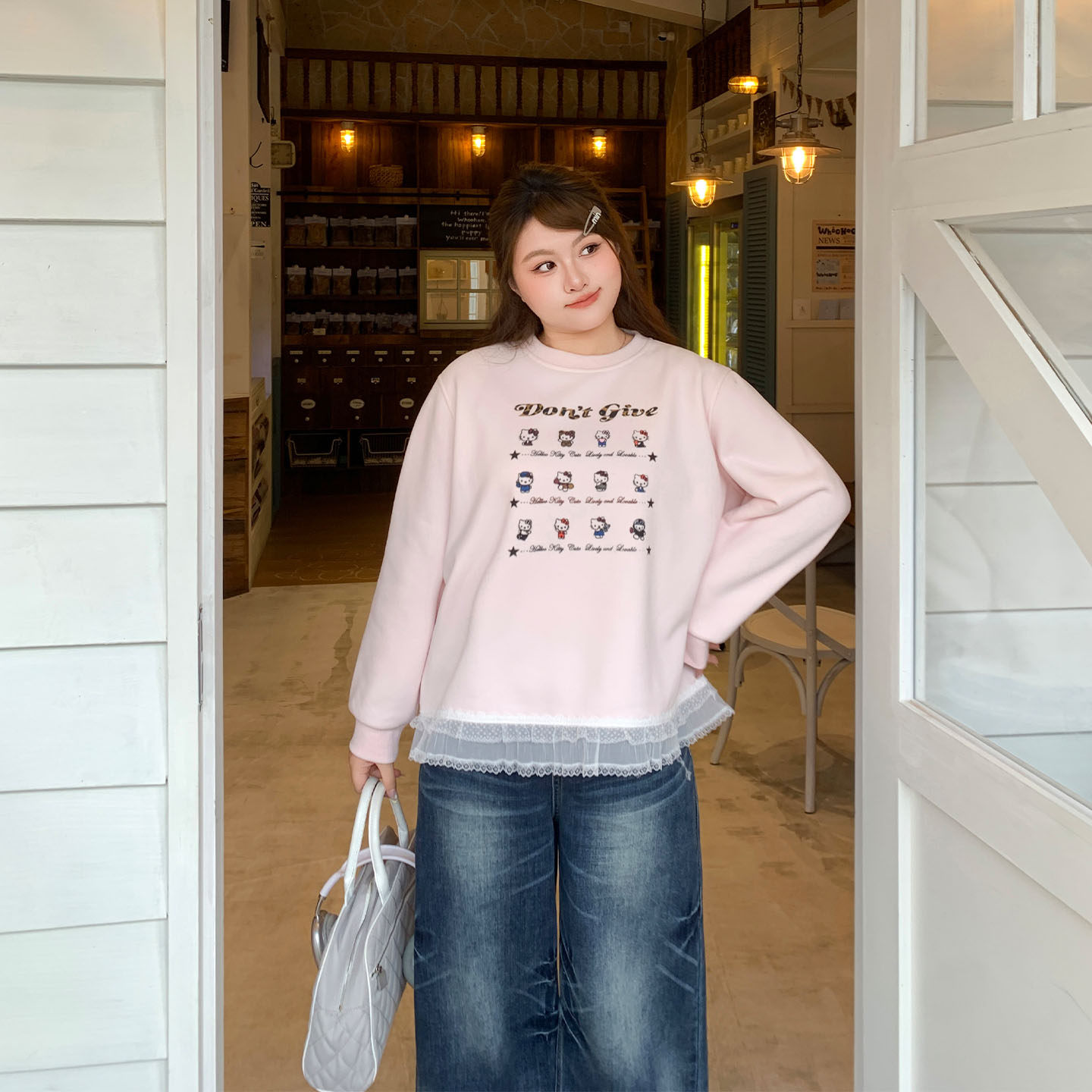 YUZI鱼子甜酷猫咪卫衣韩版设计蕾丝下摆拼接圆领宽松休闲大码女装,女装/女士精品,大码内搭,淘宝优惠券,粉丝福利购,淘宝优惠卷