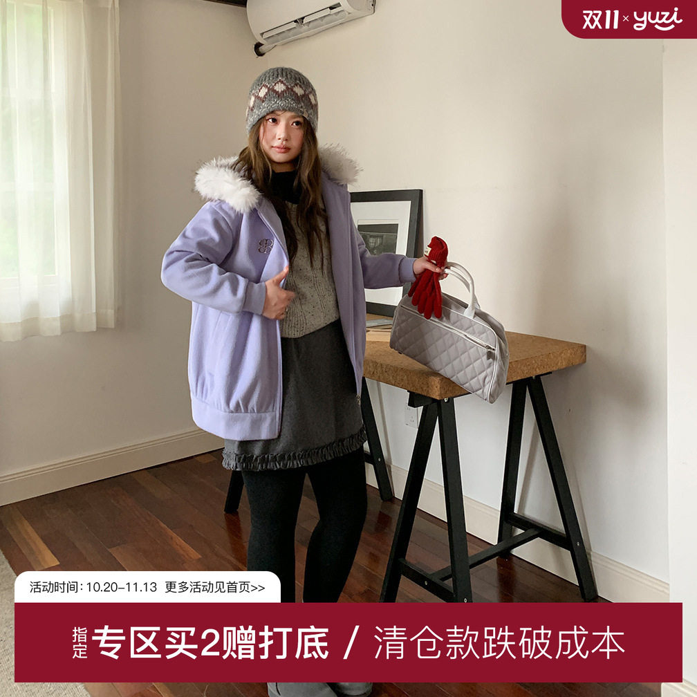 YUZI鱼子毛领连帽卫衣外套特大码女装胖mm春季宽松显瘦拉链加厚