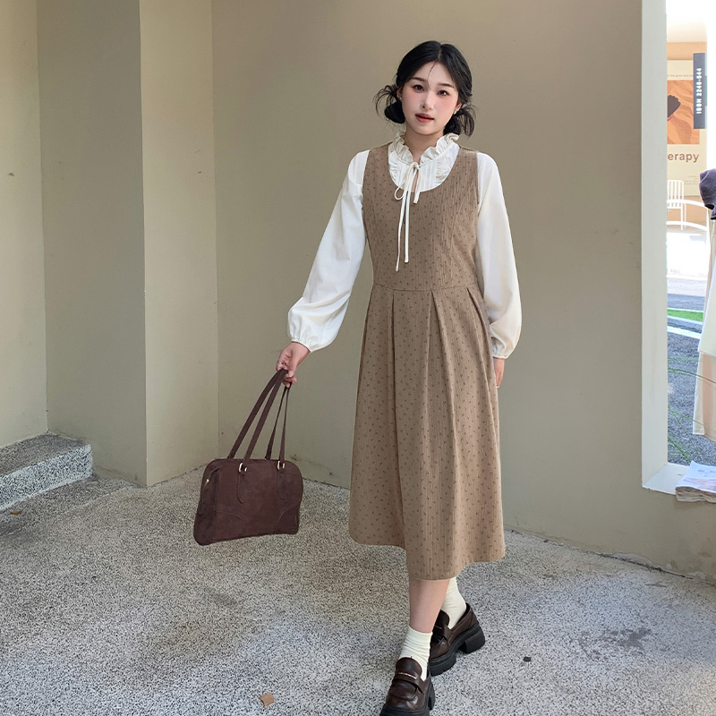 YUZI鱼子法式灯芯绒碎花连衣裙子大码女装微胖mm显瘦遮肉减龄文艺
