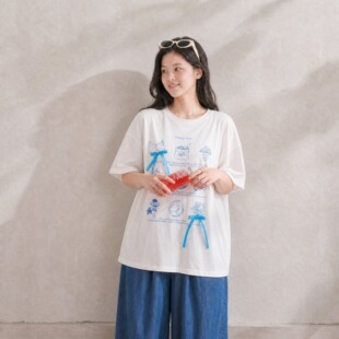 YUZI鱼子休闲风蝴蝶结印花短袖T恤时尚简约宽松慵懒上衣大码女装