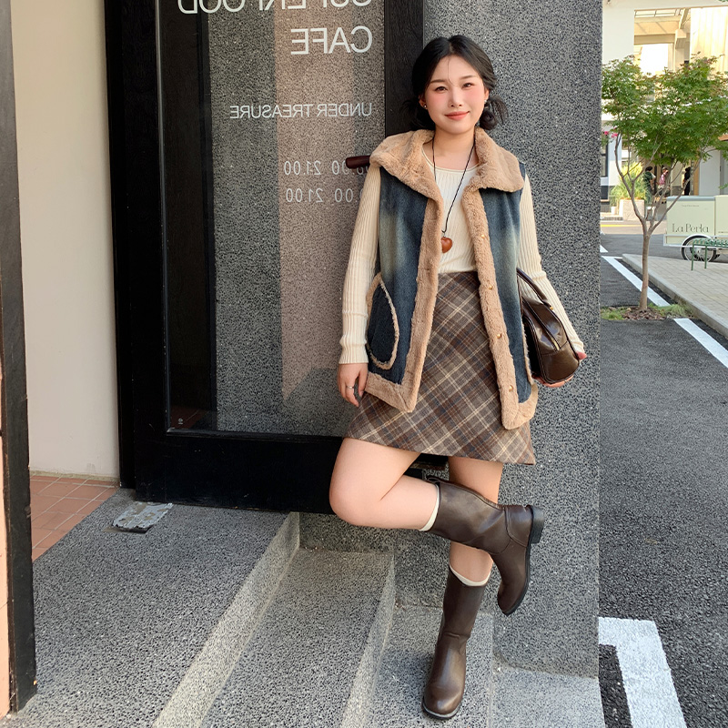 YUZI鱼子上衣加绒韩系牛仔马夹大码女装微胖mm显瘦遮肉棉服马甲