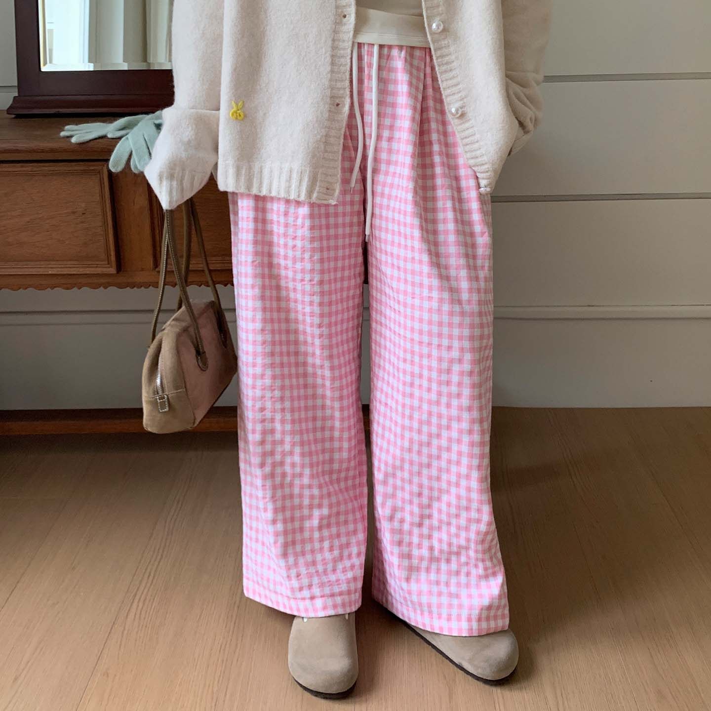 YUZI粉白格纹阔腿裤大码女装甜美少女感抽绳松紧腰百搭宽松垂坠感,女装/女士精品,大码裤装,淘宝优惠券,粉丝福利购,淘宝优惠卷