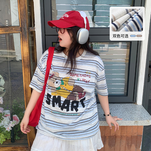 YUZI鱼子条纹卡通休闲印花T恤
