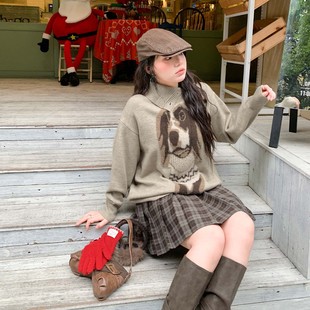 女装 女慵懒风宽松套头上衣大码 小狗高领毛衣针织衫 YUZI鱼子蝙蝠袖