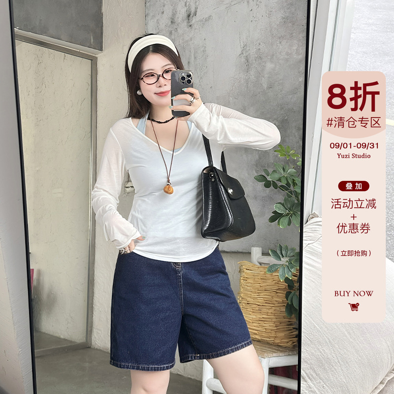 YUZI鱼子复古洗水牛仔短裤高腰