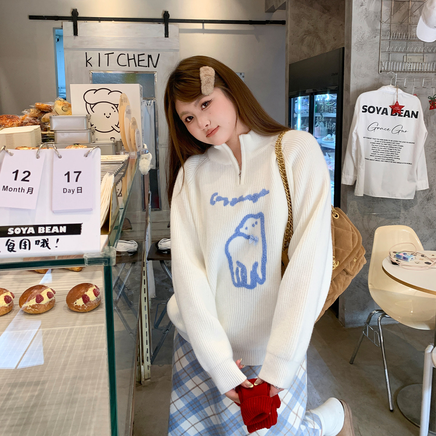 YUZI鱼子卡通刺绣半高领拉链针织毛衣少女日常宽松休闲上衣大码女,女装/女士精品,大码内搭,淘宝优惠券,粉丝福利购,淘宝优惠卷