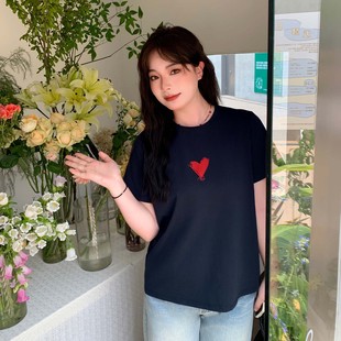 女装 YUZI鱼子圆领心形印花T恤大码 夏微胖mm显瘦遮肉200斤温柔甜美