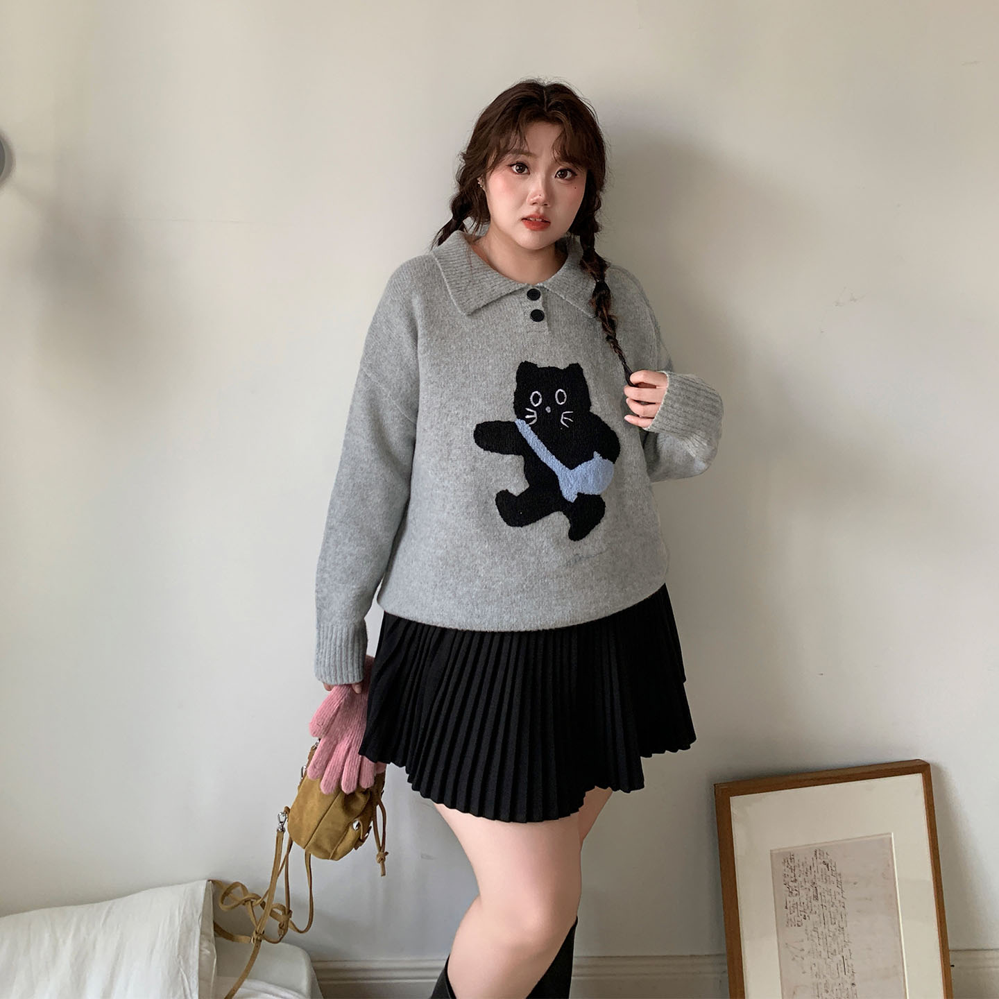 YUZI鱼子猫咪刺绣毛衣特大码