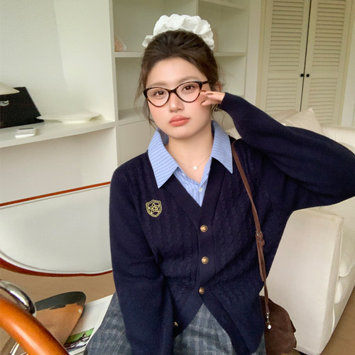 YUZI大码学院风假两件针织开衫女