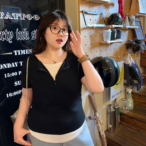 YUZI鱼子假两件半拉链正肩T恤