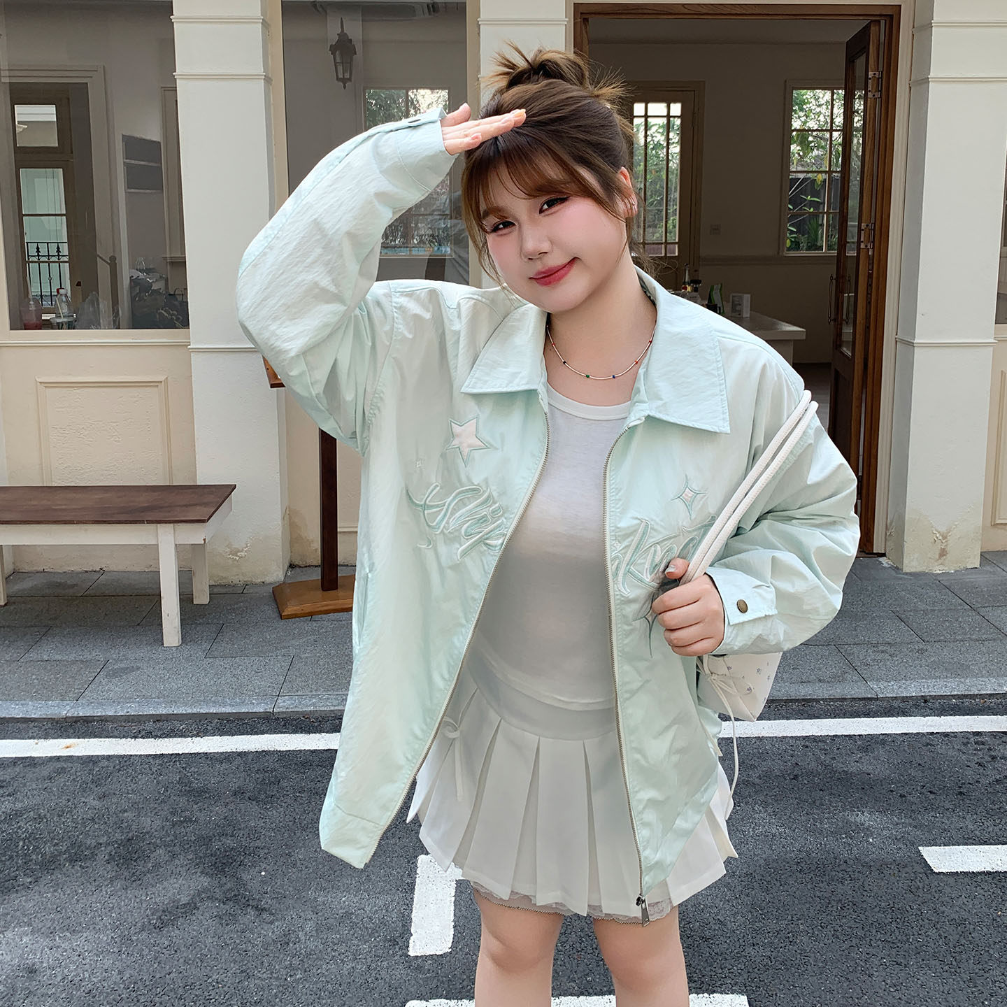 YUZI鱼子薄荷绿刺绣外套大码女图片