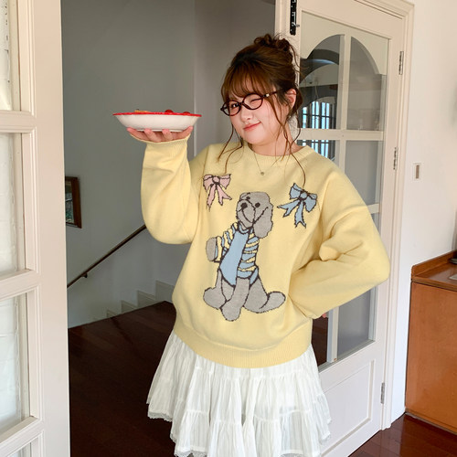 YUZI鱼子复古童趣提花毛衣大码