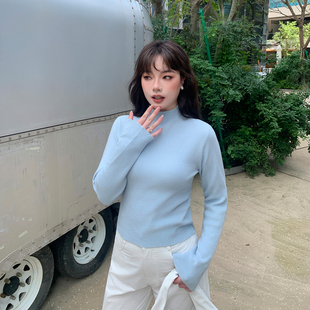 女装 特大码 半高领显瘦显白纯色秋冬胖mm 针织打底衫 YUZI鱼子短款