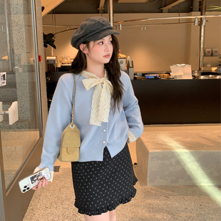 女装 YUZI 蝴蝶结蕾丝领甜美温柔减龄风上衣大码 针织开衫 鱼子法式