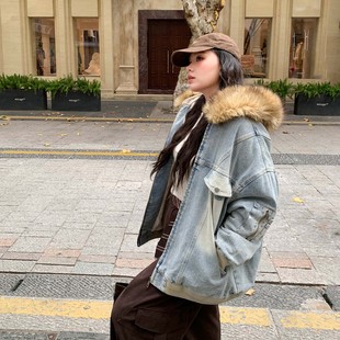 YUZI鱼子加厚毛绒内里牛仔外套大毛领水洗复古甜酷秋冬大码 女装