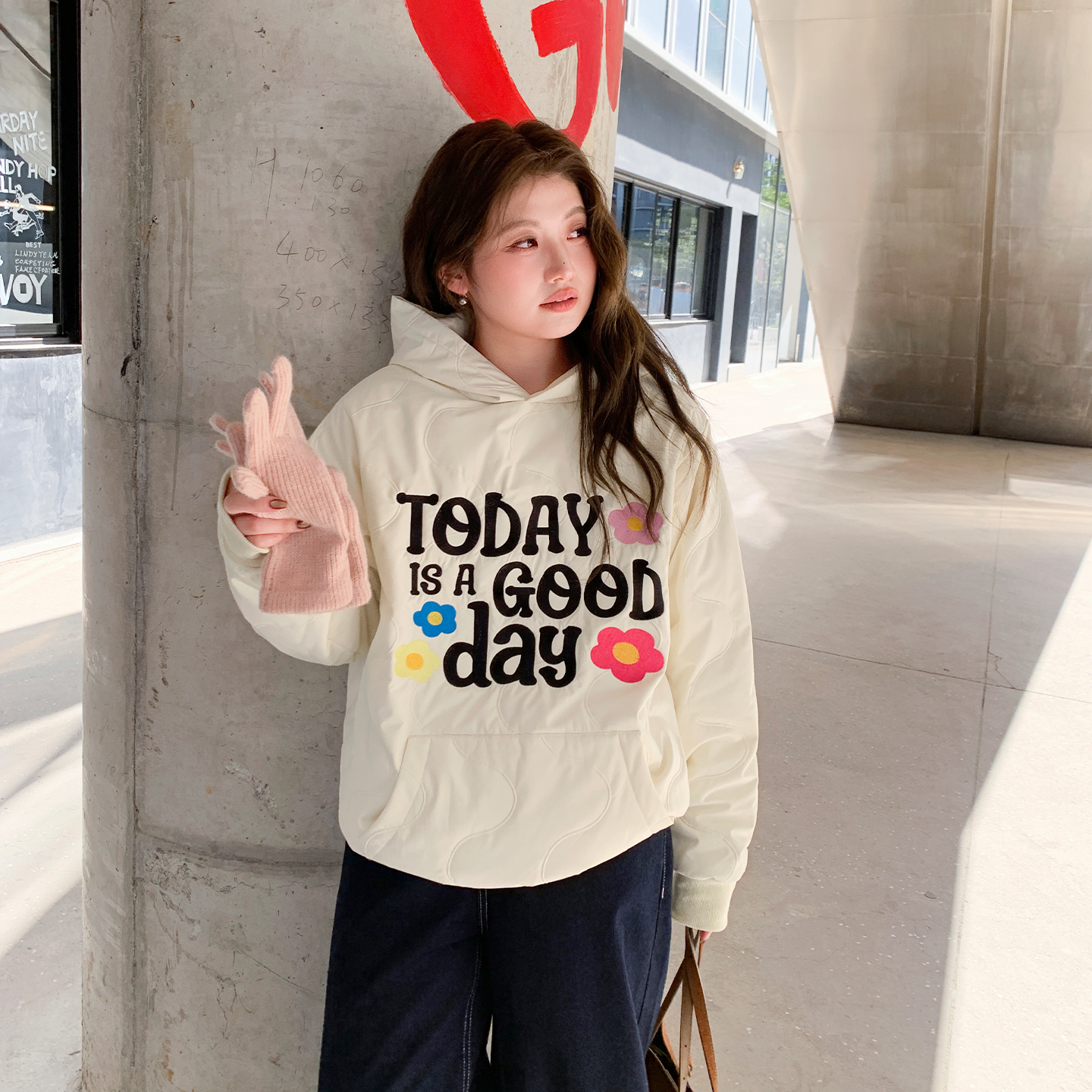 YUZI鱼子连帽夹棉卫衣大码女秋冬