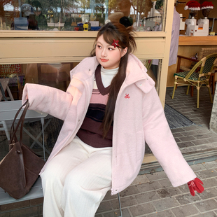 YUZI鱼子可爱粉色棉服厚外套可拆卸连帽软糯肌理感宽松大码 女装