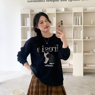 YUZI鱼子猫咪卫衣圆领大码 微胖mm妹显瘦遮肉运动休闲上衣 女装 秋季