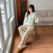 YUZI鱼子运动休闲裤 宽松直筒胖mm 女装 美式 复古贴纸印花秋冬特大码