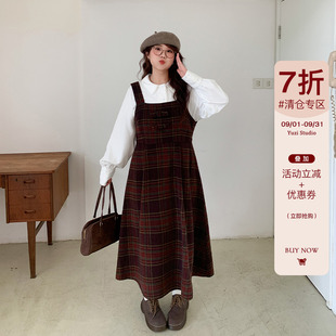 微胖mm收腰显瘦遮肉减龄学院风 女装 YUZI鱼子法式 格纹连衣裙子大码