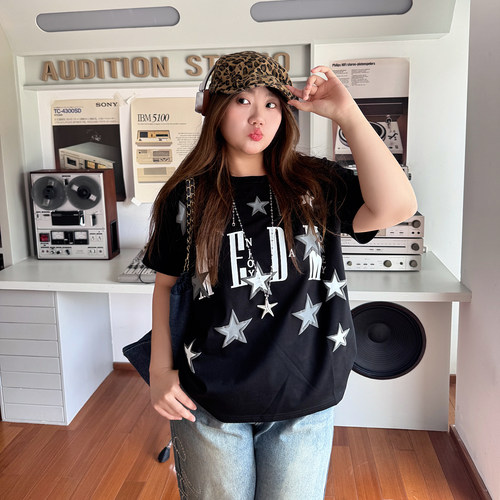 YUZI鱼子复古美式星星印花T恤