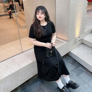 女装 YUZI鱼子显瘦正肩方领连衣裙大码 夏微胖mm高级感遮肉收腰长裙