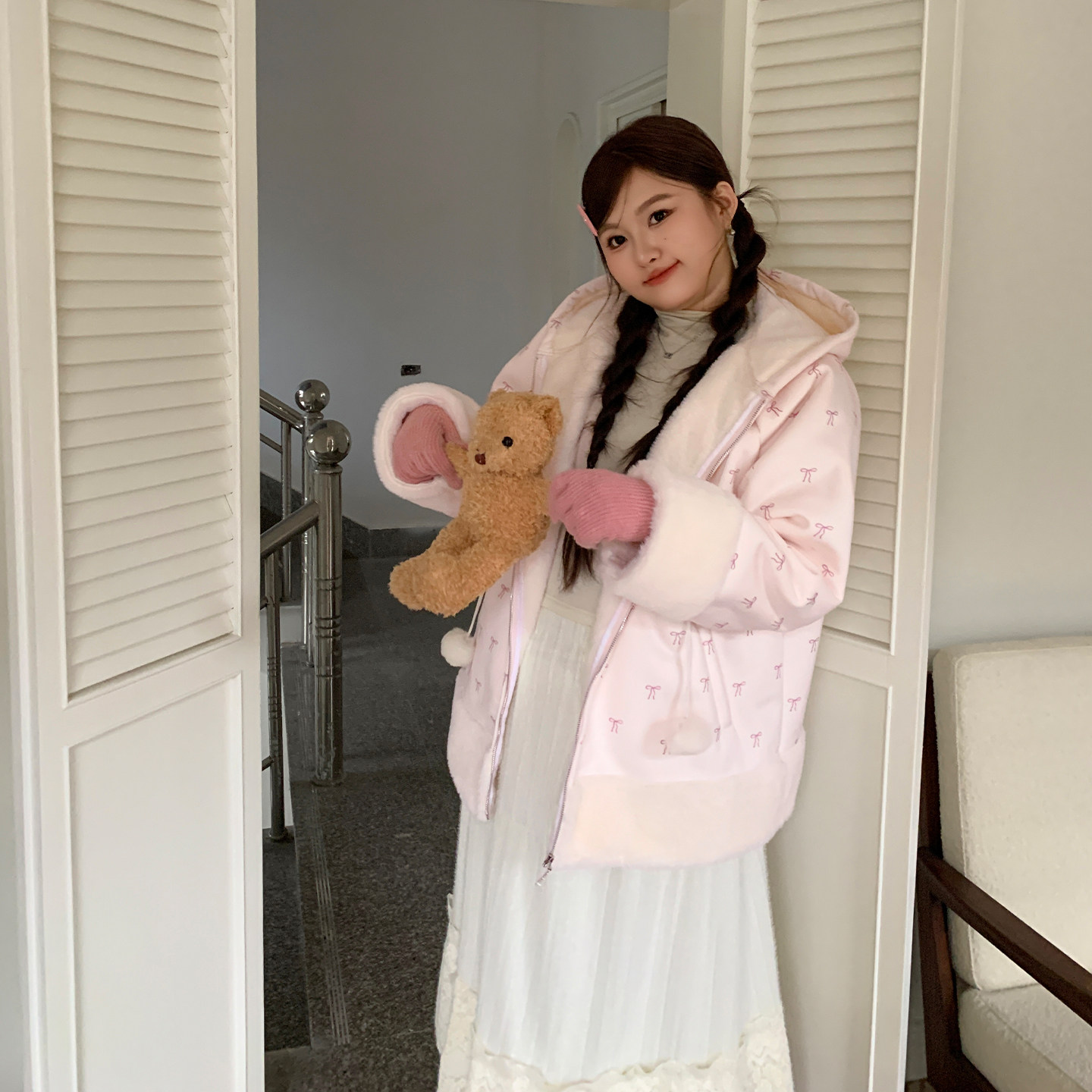 YUZI鱼子粉色蝴蝶结连帽毛绒外套宽松保暖甜美时尚小个大码女装,女装/女士精品,常规大码外套,淘宝优惠券,粉丝福利购,淘宝优惠卷