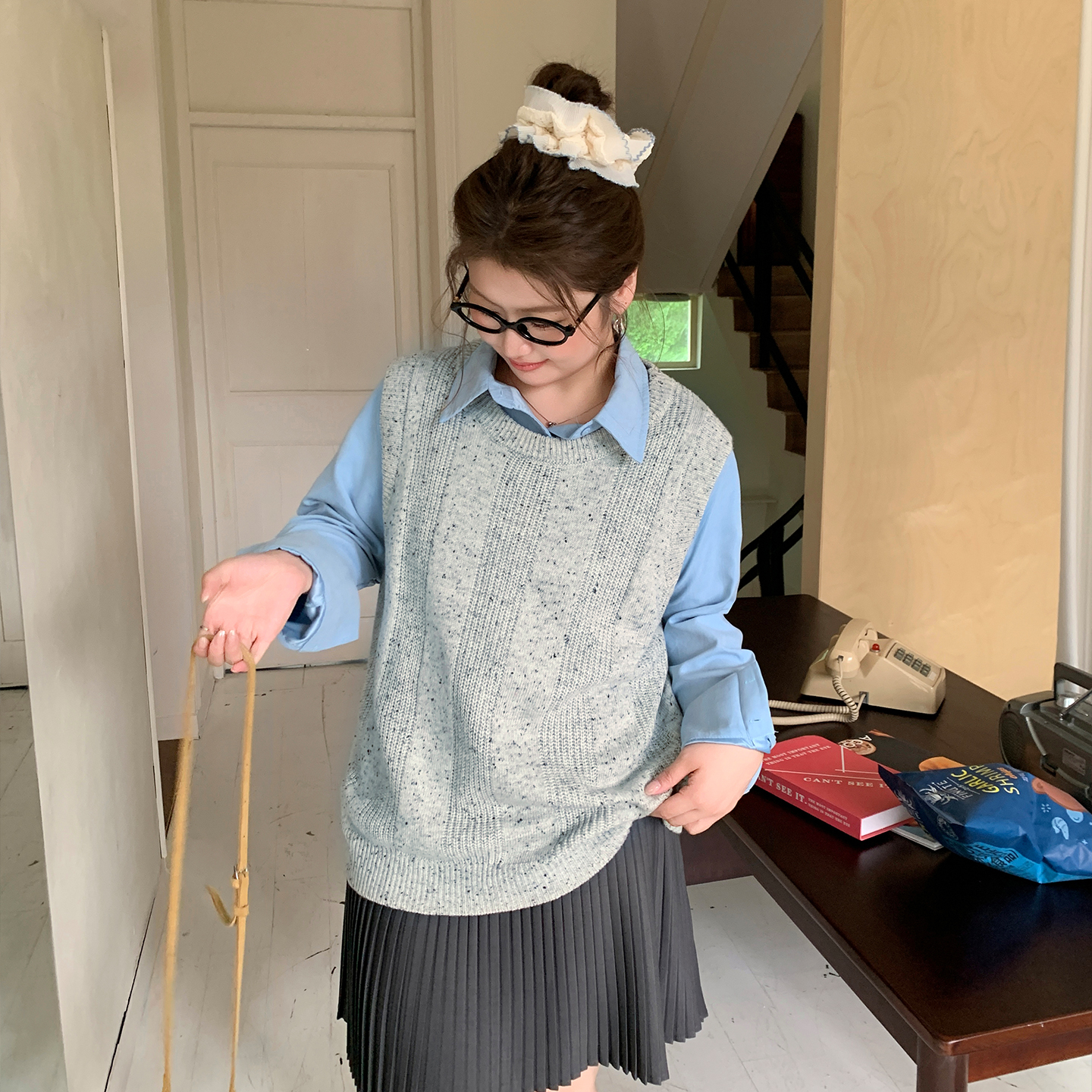 YUZI鱼子圆领马甲大码女装叠穿