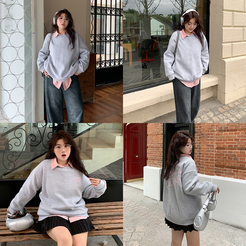 YUZI鱼子英文字母落肩加绒卫衣大码女装冬微胖mm显瘦遮肉慵懒
