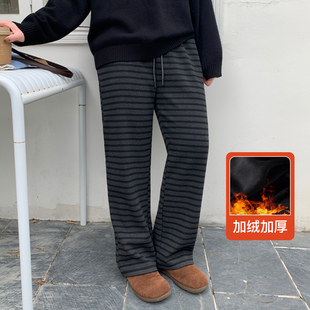 秋冬 女装 YUZI鱼子加绒加厚阔腿裤 条纹抽绳超显瘦垂坠感深灰色大码