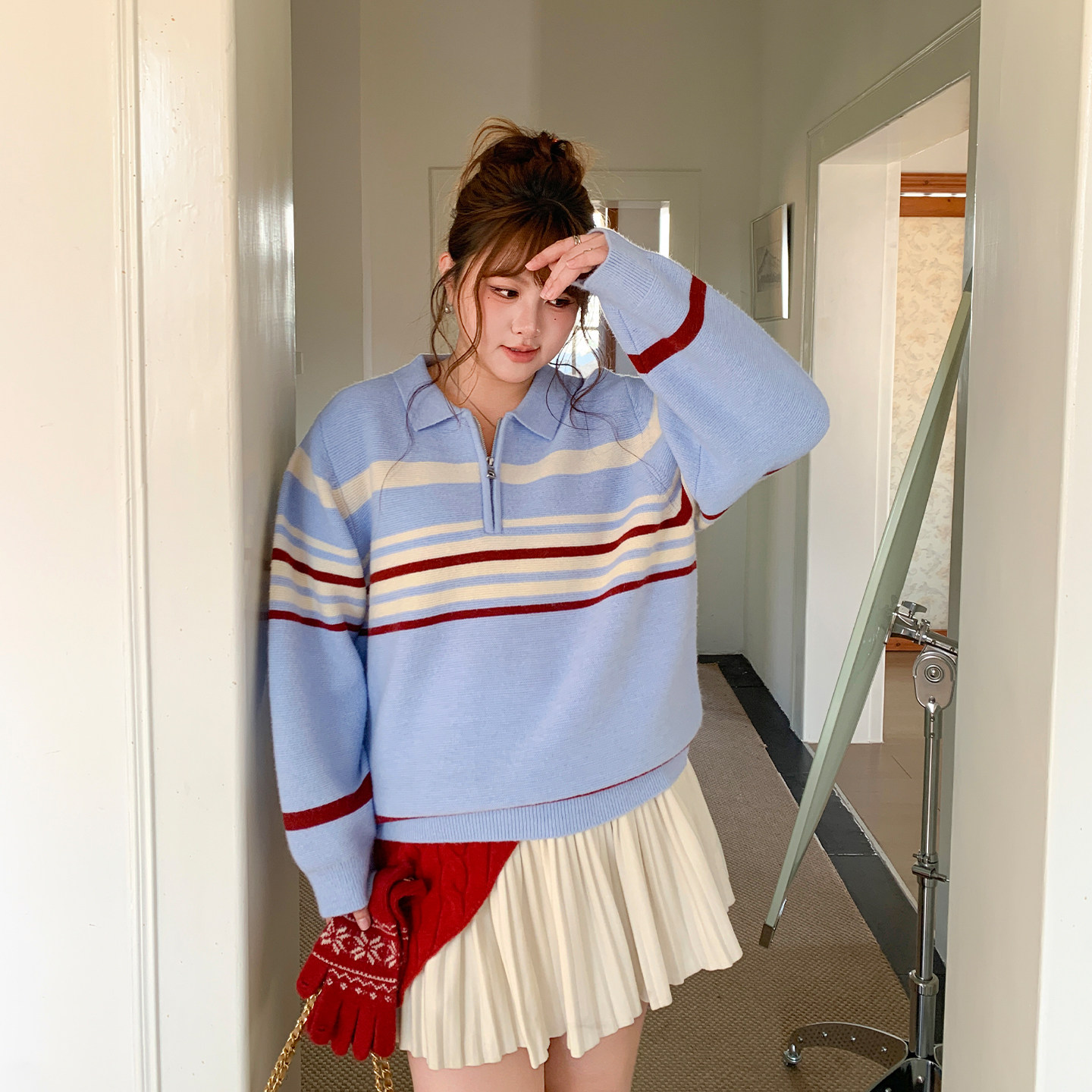 YUZI 鱼子撞色条纹Polo领针织毛衣拉链长袖复古显瘦上衣大码女装,女装/女士精品,大码内搭,淘宝优惠券,粉丝福利购,淘宝优惠卷