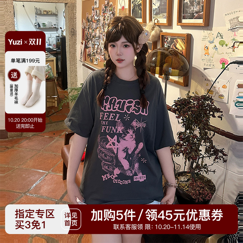 YUZI鱼子减龄撞色猫咪T恤纯棉