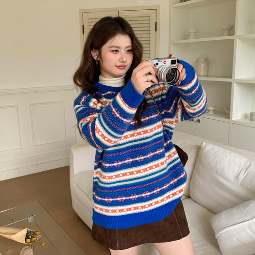 YUZI复古撞色提花针织衫特大码