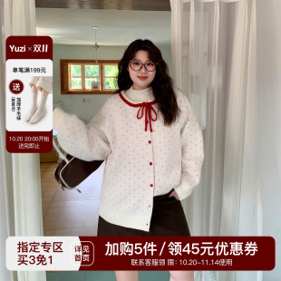 胖mm少女宽松软糯圆领毛衣 女装 YUZI鱼子红波点复古针织开衫 特大码