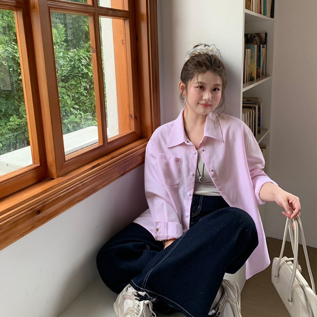 YUZI鱼子粉白条纹衬衫外套特大码