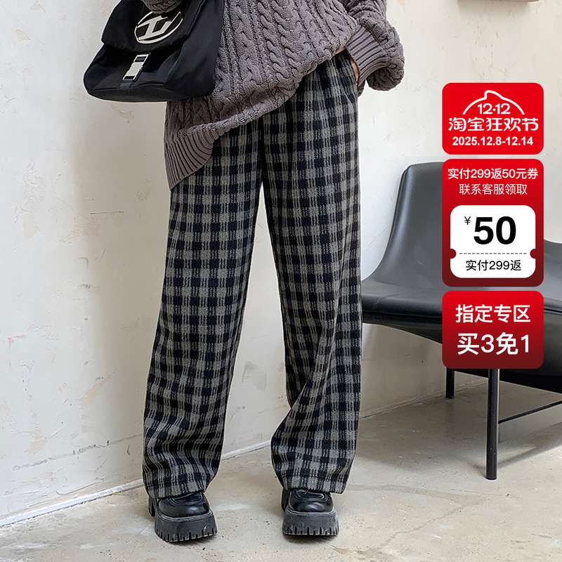 YUZI鱼子大码复古格纹休闲裤高腰