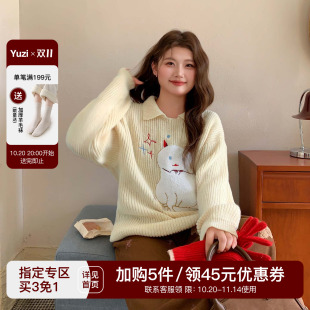 上衣 胖mm秋冬气质宽松显瘦针织衫 YUZI鱼子韩系Polo毛衣特大码 女装