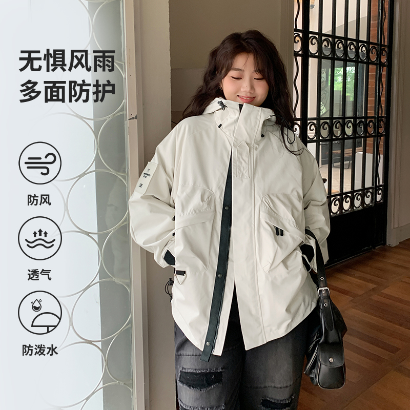 YUZI鱼子上衣连帽冲锋衣大码女装微胖mm妹显瘦遮肉200斤保暖外套