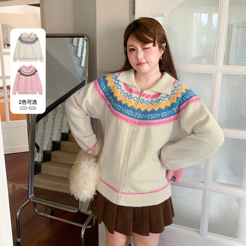 YUZI鱼子费尔岛针织开衫复古大码